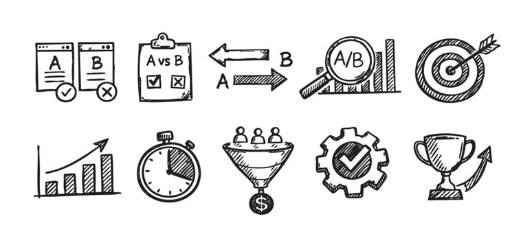 A collection of business-related icons hand-drawn in a doodle style. Includes A/B testing, funnel, target, growth, strategy, and optimization. Suitable for presentations or website mockups.