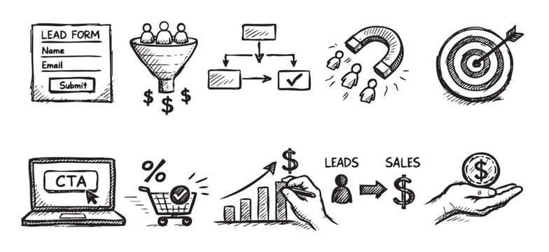 Hand drawn doodle illustrations depicting marketing concepts: lead form, funnel, conversion, sales process, CTA, and growth. Great for business and advertising illustrations.