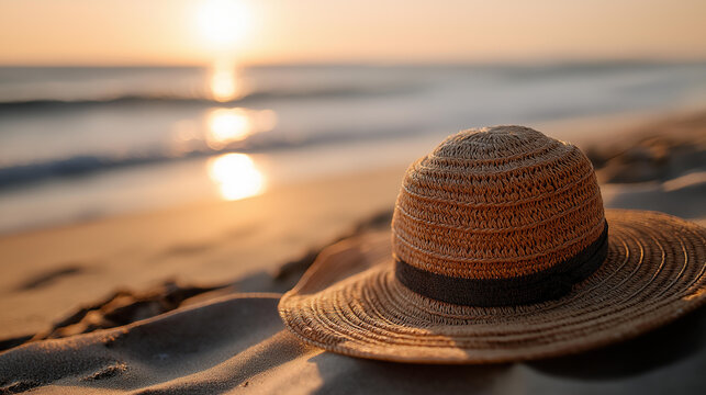 Charming straw hat resting on warm sandy beach, defocused ocean calm beauty at sunset reflecting, relaxation and carefree vacation days inviting, with copy space