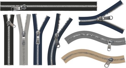 Vector set of realistic metal zippers with curved and straight fabric tape in various colors for clothing and fashion design © Md