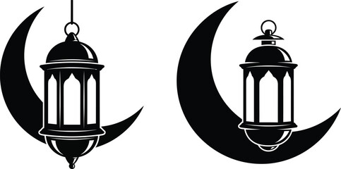 a striking illustration depicts two ornate black crescent moons each gracefully suspending a detailed lantern symbolizing islamic tradition and festive celebrations © GolamKibria