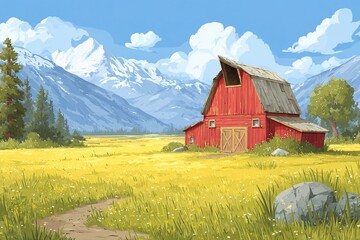 Obraz premium Bright red barn sits in green field near mountains with blue sky and clouds during sunny day