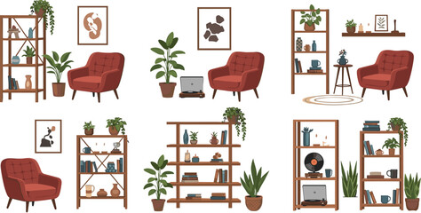 Collection of cozy bohemian interior design scenes featuring red armchairs wooden bookshelves potted plants and home decor accessories © Md
