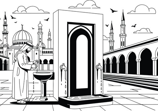 a detailed black and white illustration depicts a man performing ritual ablutions before an ornate mosque complex with minarets and arches