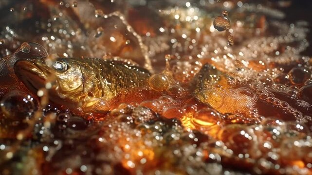 Close-up of small fish frying in hot oil, bubbling and sizzling in a pan.