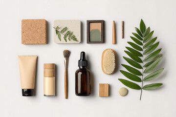 Eco-friendly skincare and wellness products arranged with natural elements on a neutral background