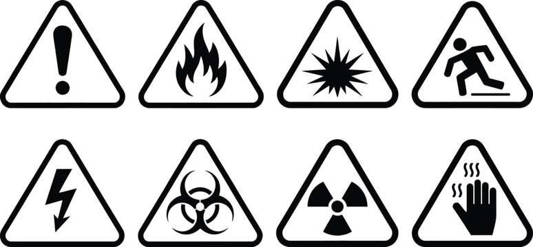 Collection of various warning and hazard symbols in triangular shapes