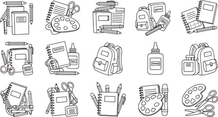 Collection of school supplies coloring page vectors including backpacks notebooks pencils paint palettes and scissors for children educational activity © Md