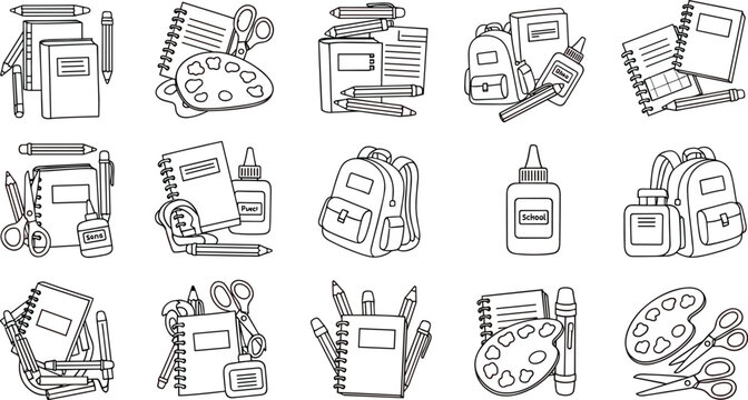 Collection of school supplies coloring page vectors including backpacks notebooks pencils paint palettes and scissors for children educational activity