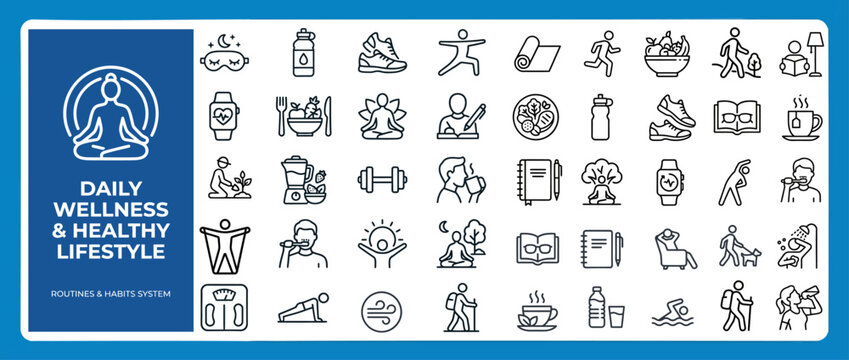 Daily Wellness Healthy Lifestyle Outline Vector Icon Set &ndash; Fitness, Yoga, Nutrition, Sleep, Meditation, Mental Health UI Web App Editable Stroke Modern
