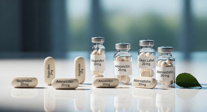 Pills and vials of medication including ibuprofen, amoxicillin, and atorvastatin reflective