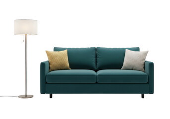 Fototapeta premium Modern teal sofa with throw pillows and floor lamp isolated on transparent background