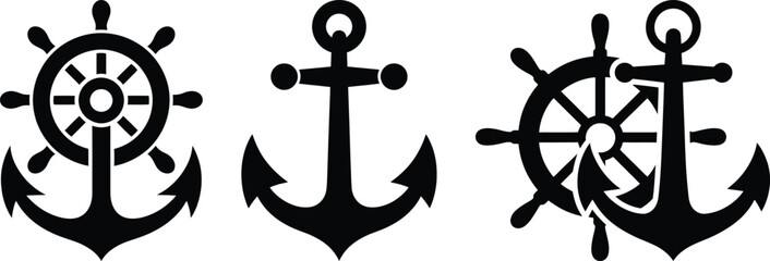Three distinct nautical symbols, including anchors and a ship's wheel. © candysartistry