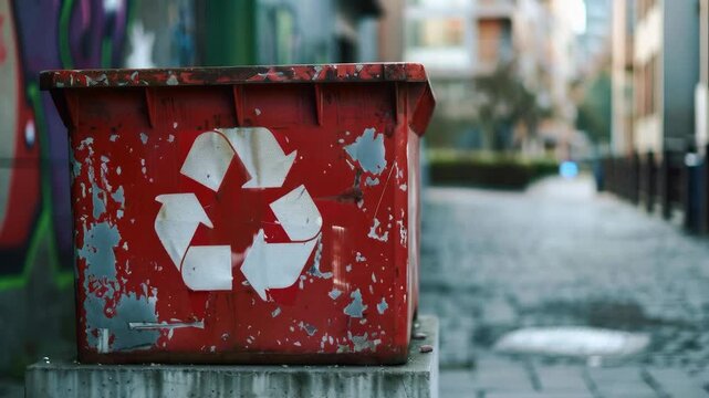 The rusty container with recycling symbols shows signs of wear and tear, highlighting the problem of environmental pollution, which is relevant for environmental campaigns as a visual backdrop.

