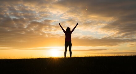 Silhouette of a triumphant woman standing against a golden sunset sky, perfect for International Women's Day themes of leadership, bravery, and personal growth
