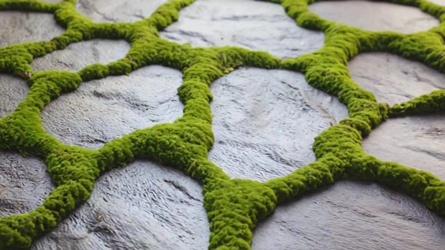 Green moss growing in a geometric pattern on stone tiles