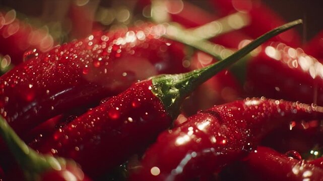 Close-up of vibrant red chili peppers with glistening water droplets, showcasing their fresh and spicy appeal.