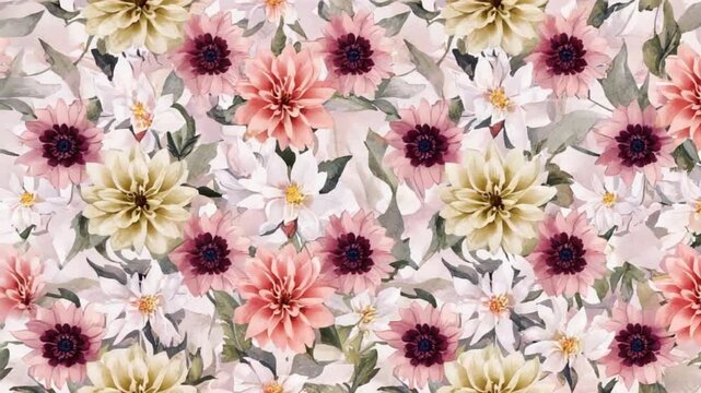 Seamless floral pattern with dahlias in soft pastel watercolors