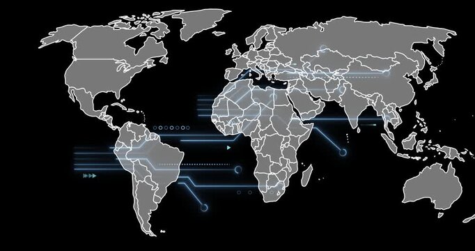 Glowing source off Peru starting neon-blue traces spreading and linking global map, showing network