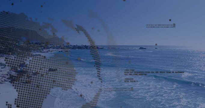 Drone panning right, globe rotating and revealing coastline while data blocks drift to track coast