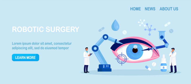 Robot arms operating healing eyeball. Robotic surgery. Machine surgeon and disease diagnostics. Vision eye surgery cataract and astigmatism. Medical technologies innovation
