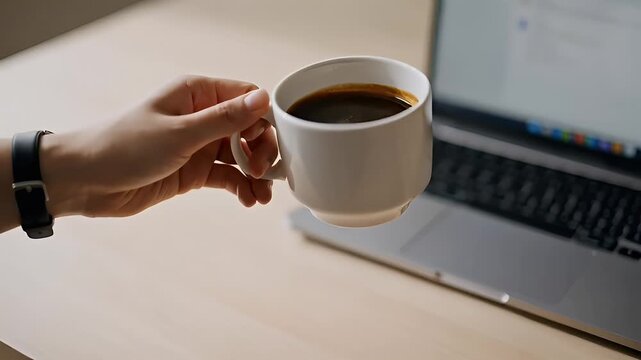 Morning work routine featuring a hand holding a coffee mug near a laptop