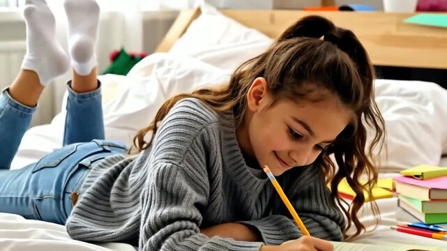 A focused young girl lies comfortably on her bed, surrounded by books, as she thoughtfully writes in her notebook and works on her school assignments.