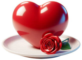 A shiny red heart is placed on a white plate, paired with bright red roses