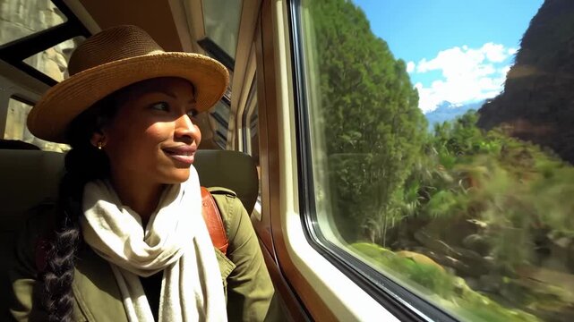 Woman on train to Machu Picchu