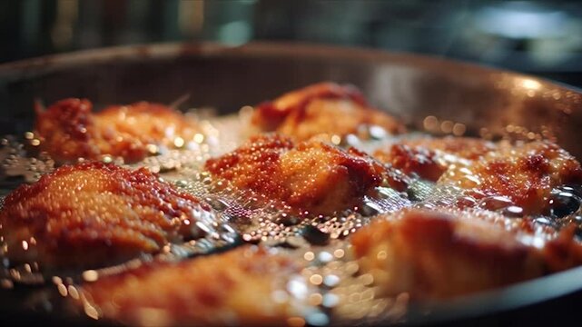 Crispy Chicken Frying in Hot Oil in a Pan.