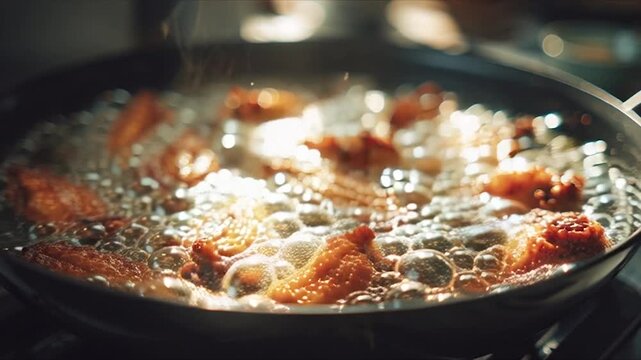Crispy Chicken Wings Frying in Hot Oil in a Pan.
