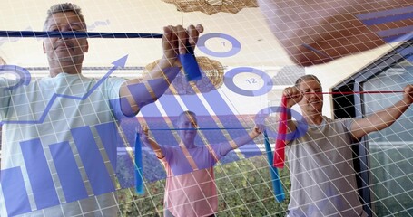 Stretching resistance bands three mature adults wearing casual activewear on patio, data overlay