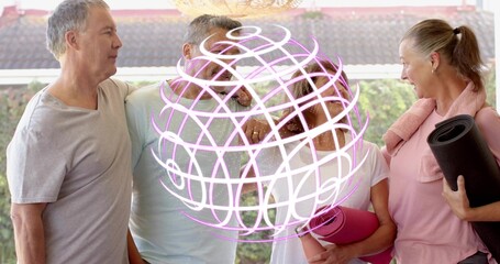 Standing four adults in activewear, holding mats with towel on porch, digital swirl overlay