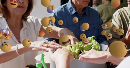 Reaching four adults' hands tending white planter on table, with sprayer, emojis, casual clothing