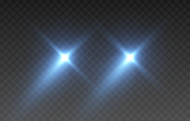Obraz premium Realistic blue headlight light PNG. Lighting from turned-on car headlights. Light effect.