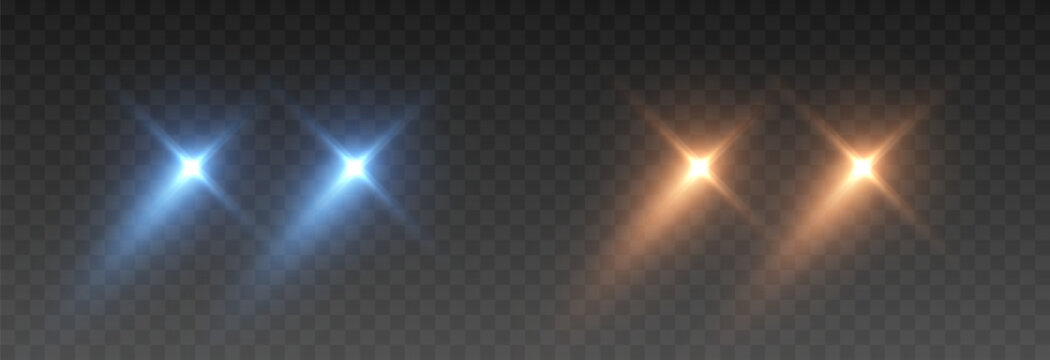 Set of realistic headlights with turned-on lights in different colors. Blue, yellow headlight light PNG. Lighting from turned-on car headlights. Light effect.