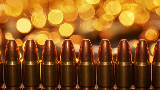 Close view of bullets lined up with blurred lights in the background during evening hours