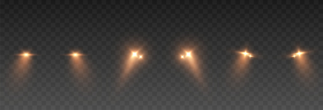 Set of realistic headlights with yellow light. Yellow headlight light PNG. Lighting from turned-on car headlights. Light effect.
