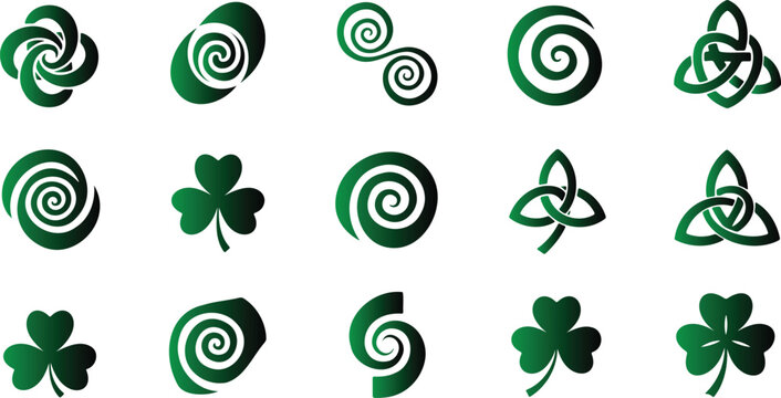 Celtic knot spiral designs and shamrock leaf symbols in green on white background for graphic design elements and Irish themed projects