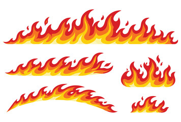 Stylized illustrations of fiery flames in various shapes and sizes