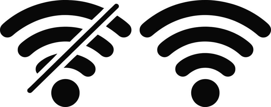 Wireless network icon with a line through it indicating no connection.
