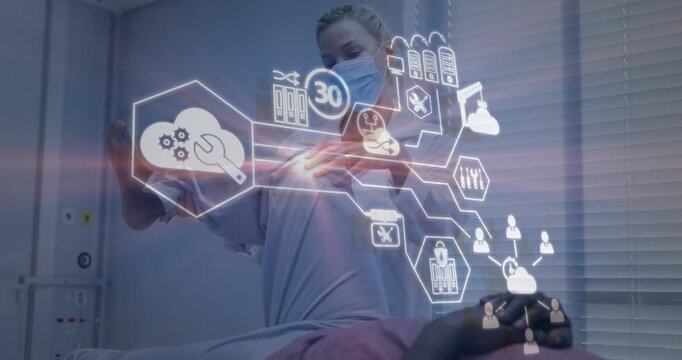 Clinician lifting patient's right leg, hexagon expanding into AR UI aligning with limb testing ROM
