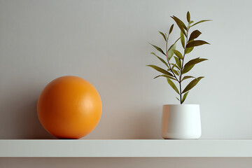 A simple still life of an orange and a potted plant on a white surface