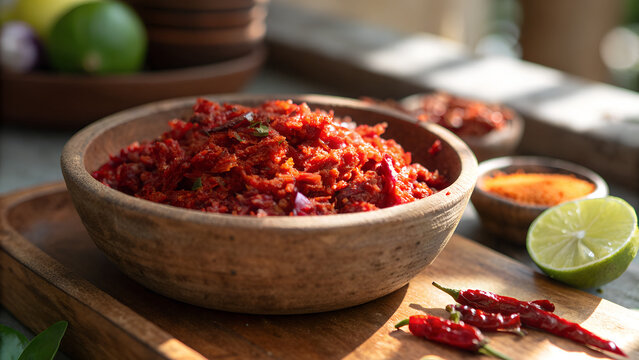 Authentic Lunu Miris in Wooden Bowl with Fresh Lime and Red Chilies