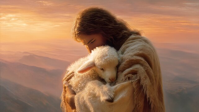 Gentle depiction of the good shepherd tenderly embracing a lost white lamb against a warm sunset landscape symbolizing divine care and spiritual guidance