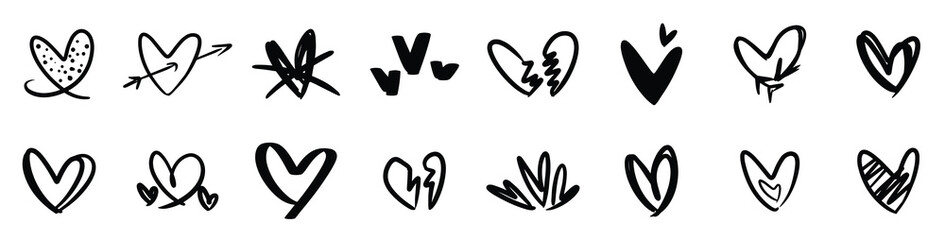 Obraz premium Set of hand-drawn black hearts in bold crayon style scribble hearts ink various doodle heart shapes, outlines charcoal doodles and sketchy love symbols for Valentine's Day, vector illustration.