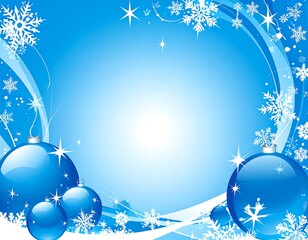 Festive blue background with ornaments, snowflakes, and swirling lines forming a wintery holiday greeting
