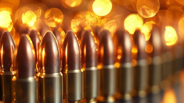 Close look at bullets with shining tips and orange lights in background during evening hours