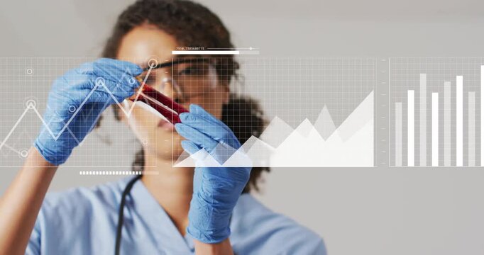 Medical tech holding two blood vials up, starting grid evolving into charts, map, comparing samples