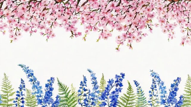 Watercolor Spring Frame: Pink Cherry Blossoms and Blue Flowers